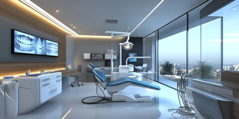 Modern Dental Office with View from Window and High-End Equipment, Bright and Clean Dentist Office with Comfortable Chair and Technology