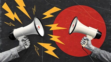 Contemporary art collage featuring hands with megaphones. A bold and modern collage-style artwork. Two hands, shown in grayscale, hold megaphones facing directly toward each other