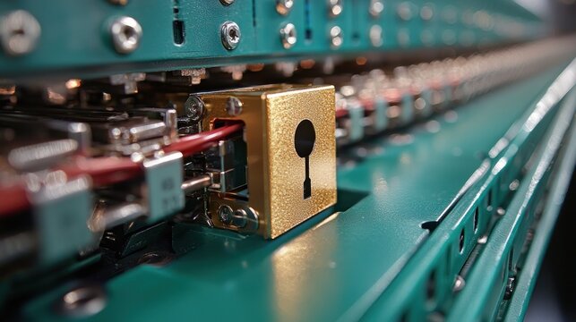 Secure server infrastructure with gold padlock enhancing cyber protection