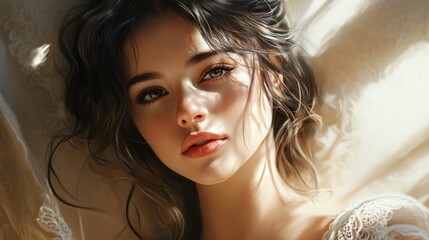 Fototapeta premium Woman's serene face, sunlit, lace background. Possible use Wallpaper, social media
