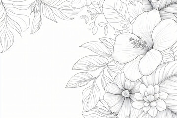 Blank coloring page of lush tropical flower wall featuring interconnected botanical elements