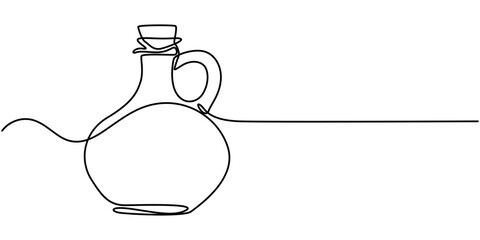 Continuous one line drawing of olives with leaves and Virgin olive oil in the glass bottle line art drawing vector illustration, Olive oil in continuous line art drawing style. Glass bottle jug oil. 