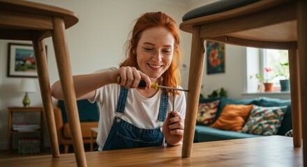 Woman Fixing Wooden Chair Legs