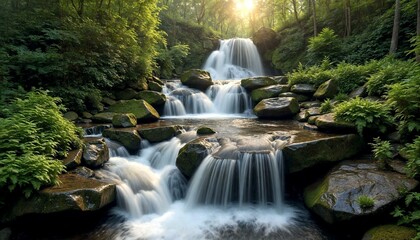 Tranquil Waterfall Bathed in Soft Sunlight
