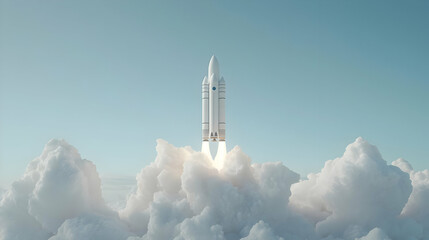 Rocket Launch Against Clear Blue Sky and Puffy White Clouds