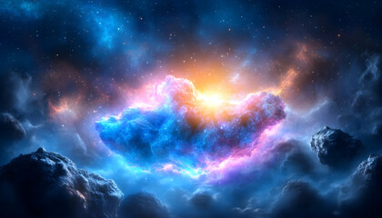 Fototapeta premium Celestial Nebula Glowing cosmic cloud drifts through starry expanse, ideal for sci-fi backgrounds