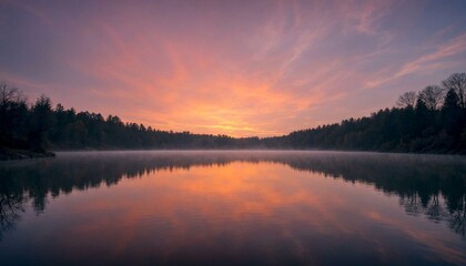 Obraz premium Serene Sunset Over Calm Lake with Misty Forest Reflection