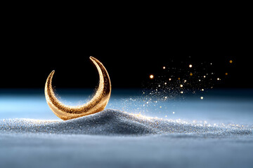 Golden crescent moon on shimmering sand against a dark background, ideal for greeting cards or religious celebrations