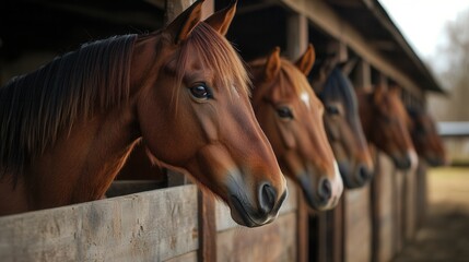 Obraz premium Horses looking out from their stalls at a stable during the golden hour of the afternoon Generative AI