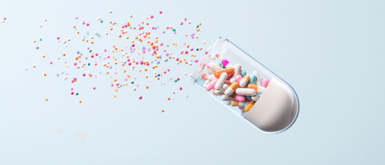 Dissolvable Medicine Capsules for Effective Drug Delivery, Colorful medicine capsules dissolving in air