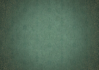 Hand-drawn abstract ornament. Dark green on light cold green background, with vignette of darker background color and splatters of golden glitter. Paper texture. A4. (pattern: p13-2c)