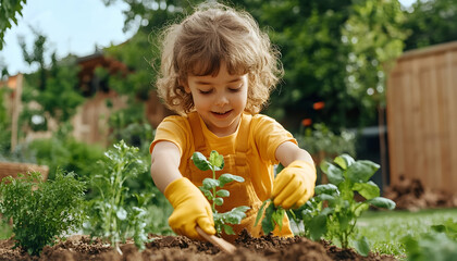 Child gardening, sunny backyard, planting herbs, early childhood education