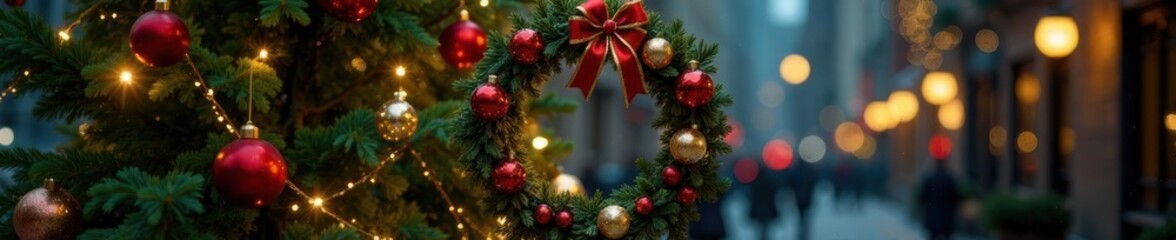 Obraz premium Elegant NYC themed Christmas wreath, golden accents, new year, celebration, ribbon