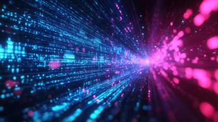 Obraz premium Futuristic neon lights with dynamic motion of blue and pink particles. Big data and machine learning