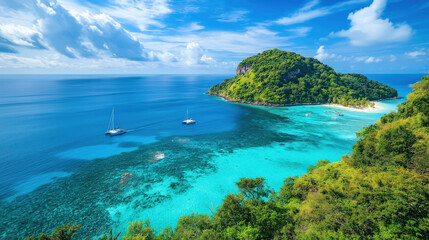 Obraz premium Island in the ocean with boats on the sea, perfect summer vacation travel destination, travel photography, landscape poster