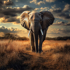 Obraz premium Elephant walks across a grassy savanna. Warm light from the sunset illuminates the landscape. Wildlife scene in a natural outdoor setting.