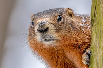 A groundhog emerging from its burrow on a cold winter morning