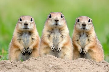 A group of prairie dogs standing upright in the grasslands, keeping watch