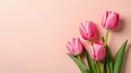 Obraz premium Bouquet of pink tulips on a pink background, flowers for Women's Day 8 March and Mother's Day