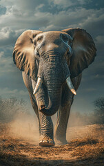 Fototapeta premium Elephant walks across a grassy savanna. Warm light from the sunset illuminates the landscape. Wildlife scene in a natural outdoor setting.