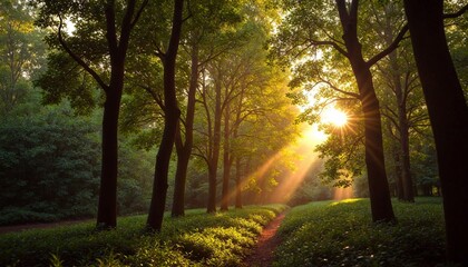 Obraz premium Golden Sunlit Forest Path Inviting Exploration