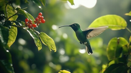 Naklejka premium Hummingbird feeding on berries in rainforest