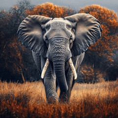 Fototapeta premium Elephant walks across a grassy savanna. Warm light from the sunset illuminates the landscape. Wildlife scene in a natural outdoor setting.