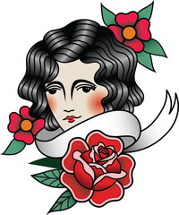Retro Woman Sailor Tattoo Style. Isolated traditional tattoo. Outline woman portrait. Ribbon