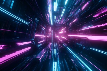 Obraz premium Traveling Through a Futuristic Tunnel with Glowing Pink and Blue Lights