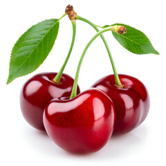 Fresh Ripe Cherries with Green Leaves on White Background
