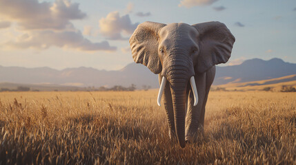 Obraz premium Elephant walks across a grassy savanna. Warm light from the sunset illuminates the landscape. Wildlife scene in a natural outdoor setting.