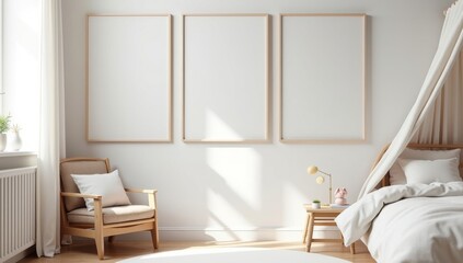 mock up poster frames in children bedroom, Scandinavian style interior background