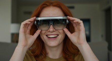Naklejka premium Woman VR Glasses Happy Home