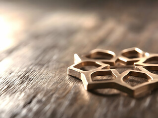Golden Islamic geometric pattern on rustic wooden table, soft sunlight background; ideal for religious holiday greeting cards