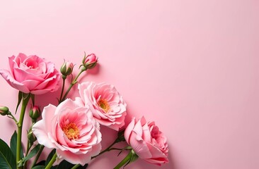 Fototapeta premium Bouquet of pink flowers on pink background, flowers for Women's Day 8 March and Mother's Day. Cute card with space for text.