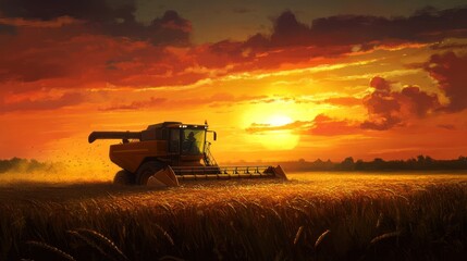 Fototapeta premium Golden Sunset Harvest Field Harvester
