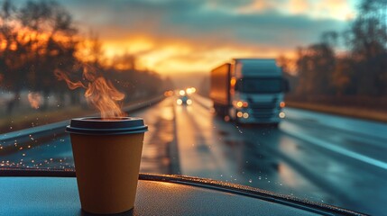Trucker's break with steaming coffee during a rainy sunset highway journey