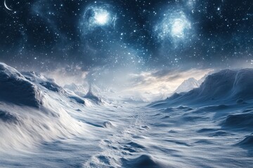 Fototapeta premium Snow-covered landscape under a starry sky with cosmic clouds at twilight