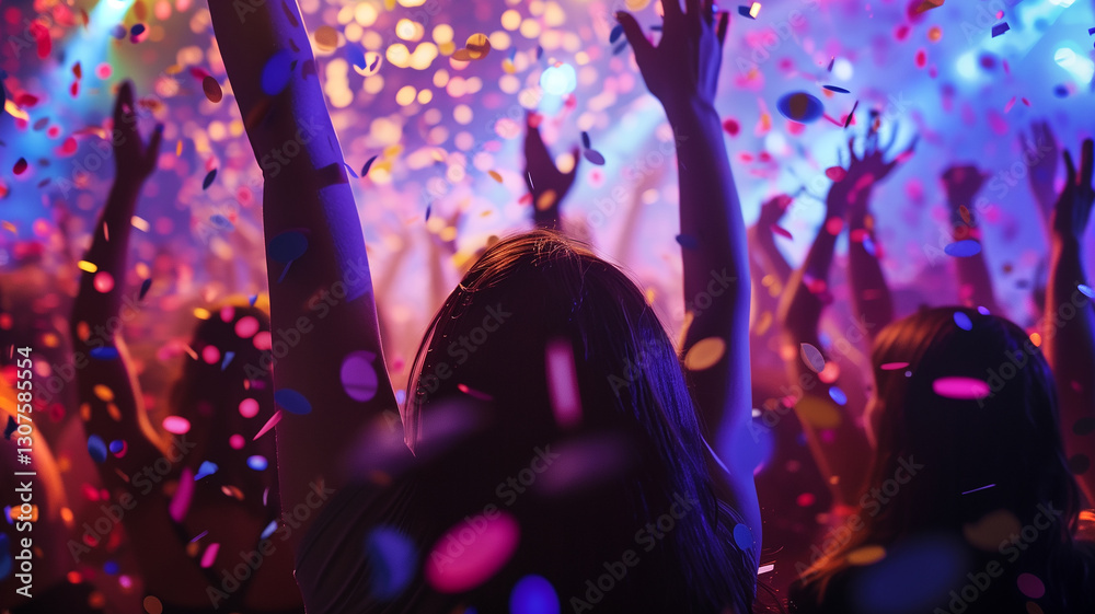 Poster this enthusiastic crowd dances under colorful lights as confetti falls, creating a festive atmospher