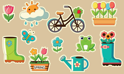 A set of spring stickers featuring flowers, a butterfly, a frog, a watering can, a bicycle, the sun, rubber boots, and plants.