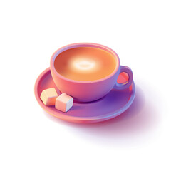 Realistic 3D cup of coffee on a plate with sugar. Purple cup with hot coffee. For concepts of cafes, rest, and advertising. Vector