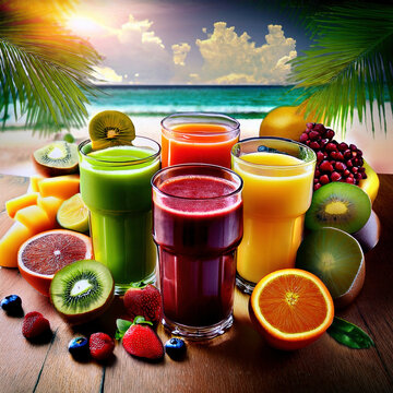 Jugos de frutas frescas, deliciosas y refrescantes. Zumos naturales. 