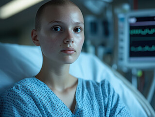 Fototapeta premium Young patient in hospital gown reflecting resilience during recovery in a calm medical environment