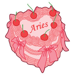 Heart-Shaped Cake Illustration Featuring Aries Design and Decorated with Cherries