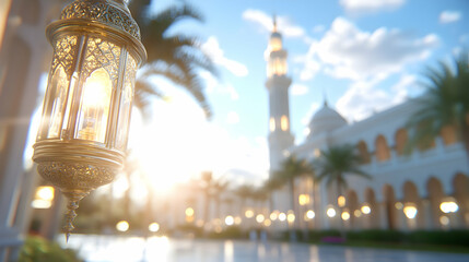 Golden Ramadan Lantern at Mosque Sunset.  Peaceful evening at a grand mosque, illuminated by warm light, perfect for religious holiday celebrations or travel brochures