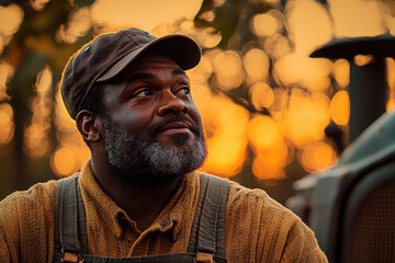 Fototapeta premium Farmer enjoys a peaceful moment at sunset in a rural field near a vintage tractor