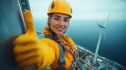 Woman technician celebrates successful wind turbine maintenance overlooking ocean view in a safety harness and gear