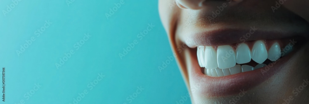 Poster perfectly white teeth create a bright smile against a pastel blue background during a dental check u