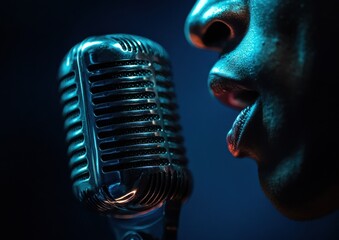 ASMR podcast microphone with speaker in recording session. ASMR sound lips close to microphone. Advertisement ASMR idea
