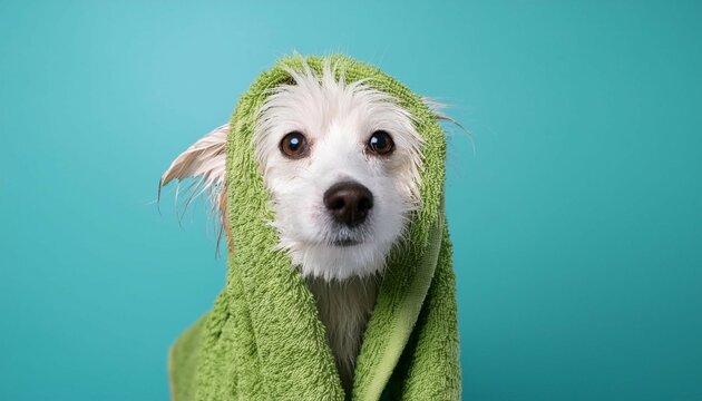 a white dog wrapped in a green towel stands calmly against a light blue backdrop looking cozy and content after a bath